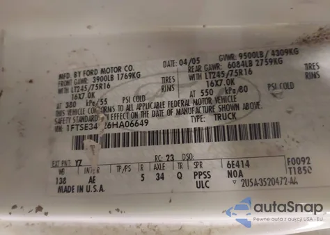 2006 Ford E-350 Super Duty Commercial/Recreational z USA, uszkodzony, nr VIN 1FTSE34L26HA06649